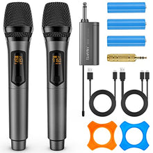 Load image into Gallery viewer, Rechargeable Wireless Microphones,UHF Dual Handheld Dynamic Mic Karaoke System with Rechargeable Microphones and Receiver, 200 ft Range, 1/4’’&1/8’’ Output for Amplifier, PA System