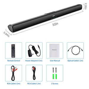 Sound Bars for TV, Wired and Wireless Bluetooth 5.0 TV Stereo Speakers Soundbar 32’’ Home Theater Surround Sound System Optical/Coaxial/RCA Connection, Wall Mountable