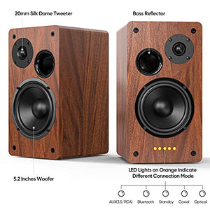 Bluetooth Bookshelf Speaker, Powered Speakers Active 2.0 Stereo 36W X 2 Studio Monitors with Optical/Coxial/RCA inputs/Subwoofer Line Out for Turntable, TVs（Updated with Buttons Control）